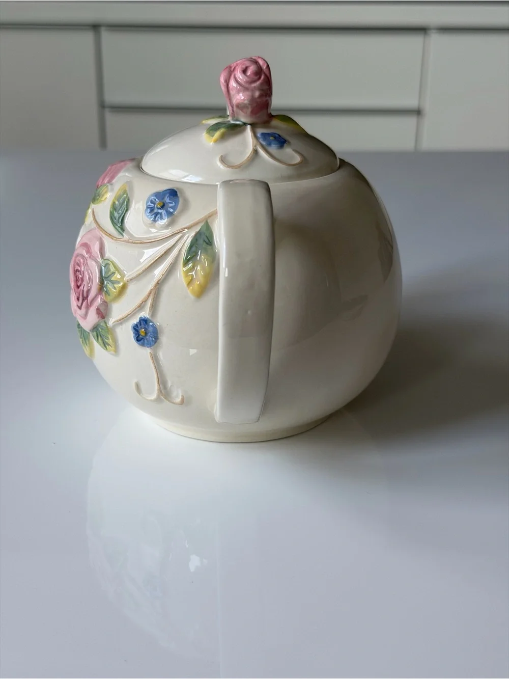 KF Vintage Ivory Glaze Ceramic Teapot - Embossed Pink Roses & Blue Flowers.